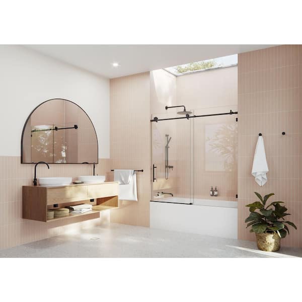60 in. x 60 in. Frameless Bath Tub Sliding Shower Door in Matte Black