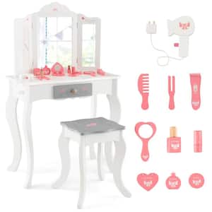 1-Piece Wood Top White Kids Vanity Set Makeup Table and Chair Tri-Folding Mirror Sweet Accessories