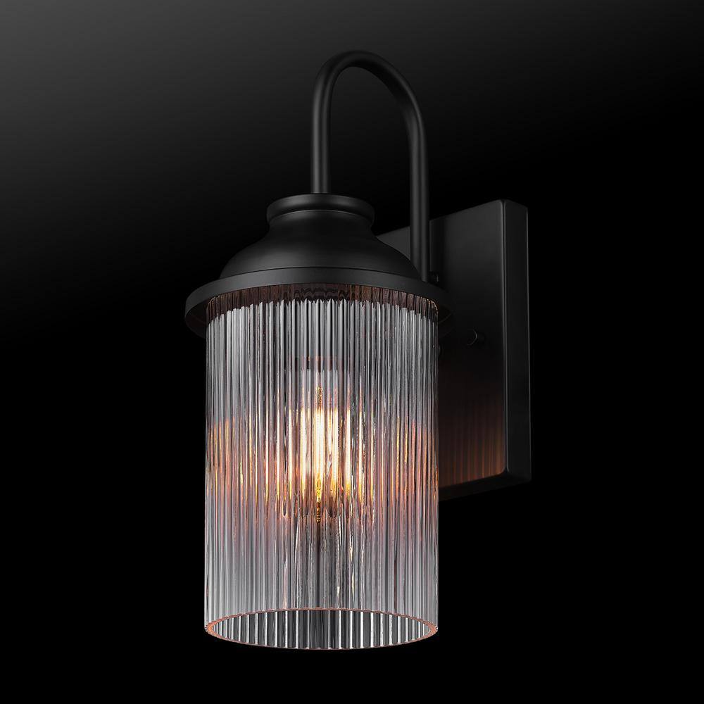 Globe Electric 1-Light Matte Black Outdoor Hardwired Wall Sconce with Ribbed Glass Shade