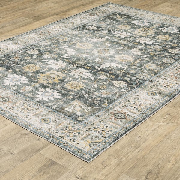 Cascade Gray/Gold 5 ft. x 7 ft. Distressed Oriental Persian Polyester Machine Washable Indoor Area Rug