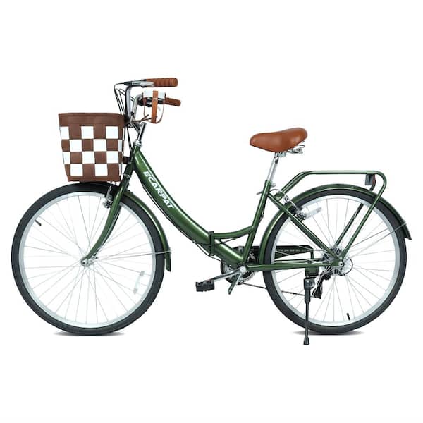 26 Inch 7-Speed Green Folding City Bike with Alloy Rims V-Brakes Detachable Basket and Cup Holder