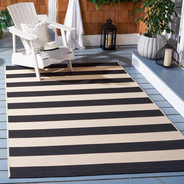 Courtyard Beige/Black 4 ft. x 6 ft. Awning Stripe Indoor/Outdoor Patio  Area Rug