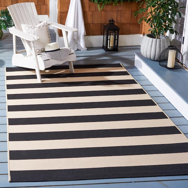 Courtyard Beige/Black 9 ft. x 12 ft. Awning Stripe Indoor/Outdoor Patio  Area Rug
