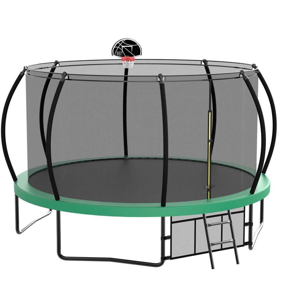 12 ft. Outdoor Recreational Trampoline with Basketball Hoop Enclosure Net L