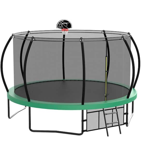 12 ft. Outdoor Recreational Trampoline with Basketball Hoop Enclosure Net Ladder for Kids Adults for Garden Green LM ZEG118 The Home Depot