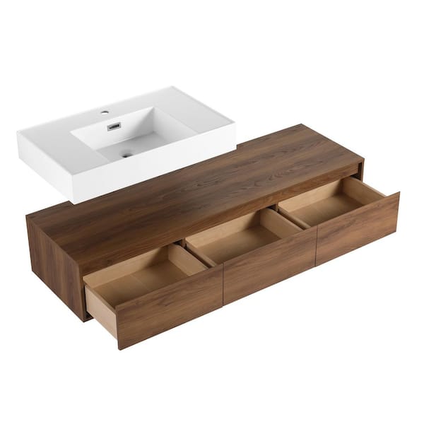 60 in. Wall-Mounted Single Brown Ebony Bath Vanity with White Resin Top Assembled