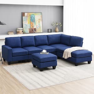 104.3 in. W Square Arm 4-Piece Linen L-Shaped Sectional Sofa in Blue with Chaise Lounge and Convertible Ottoman