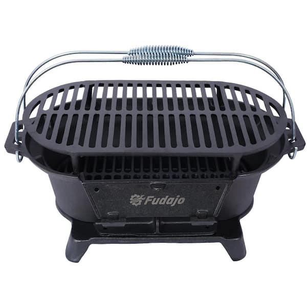 Enameled Cast Iron Portable Charcoal Grill in Black with Tabletop Camping Stove and Durable 100% Cast Iron Construction