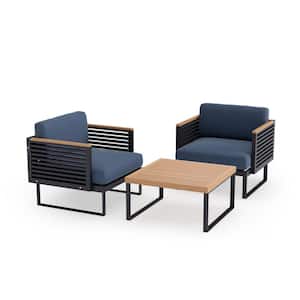 Monterey 3 Piece Aluminum Outdoor Patio Conversation Set with Spectrum Indigo Cushions and Coffee Table