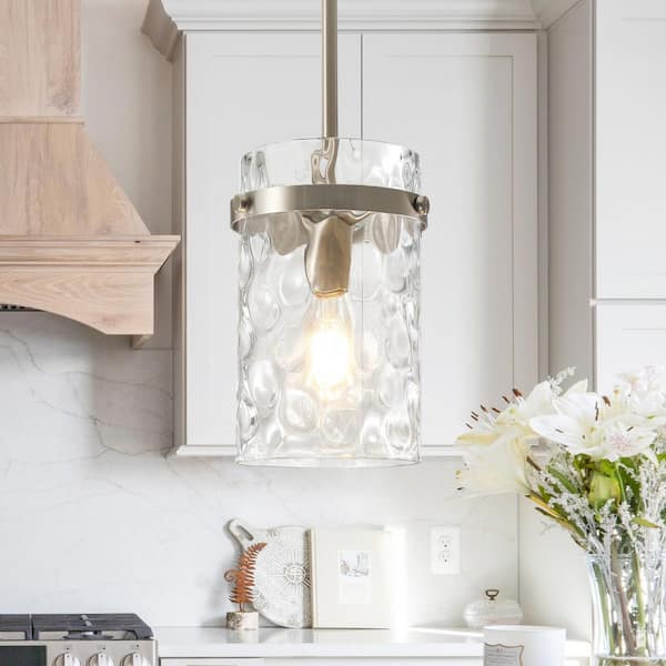 Modern Brushed Nickel Pendant Light for Kitchen Island Over Sink Large Hammered Glass Hanging Light for Dining Room