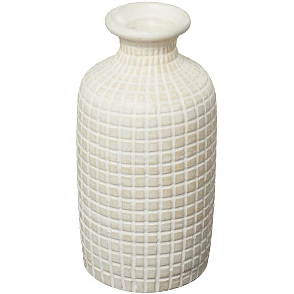 Litton Lane 16 in. Cream Textured Ceramic Geometric Decorative Vase with Checkered Pattern
