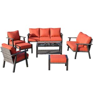 Geneva Grey 7-Piece 7-Seat Wicker Metal Outdoor Patio Conversation Sofa Seating Set with Orange Red Cushions