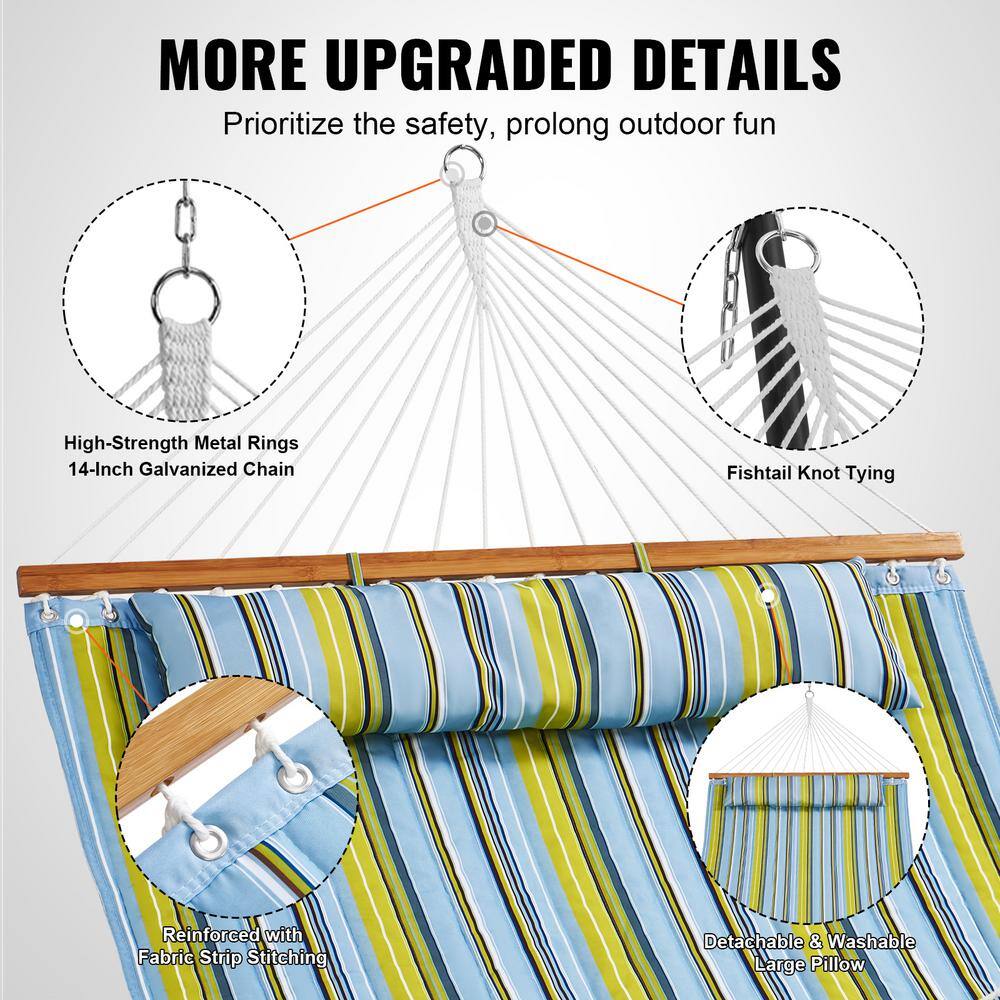 12 FT Blue and Green Quilted Fabric Hammock with Hardwood Spreader Bars