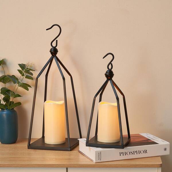 Set Of 2 Outdoor Lanterns - 23 & 17 Inch Metal Candle Holders For Porch & Patio Decor
