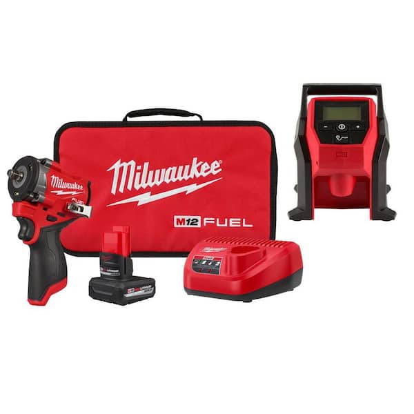 M12 FUEL 12V Li-Ion Brushless Cordless Stubby 3/8 in. Impact Wrench Kit w/ 5.0 Ah High Output Battery and M12 Inflator