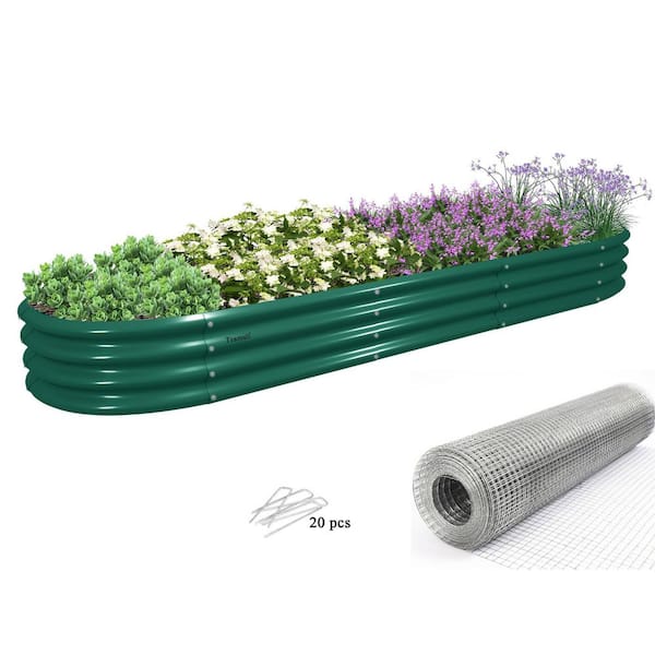 Unbranded 12 x 2 x 1 ft. Oval Galvanized Steel Raised Garden Bed in Green with Stainless Steel Gopher Network