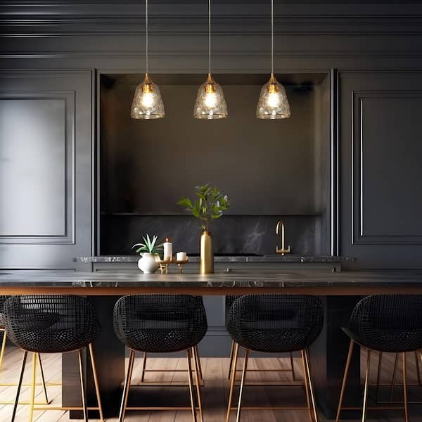 Modern Transitional Plating Brass Kitchen Island Chandelier with Clear Ripple Glass Shades 3-Light Glam Pendant Lighting