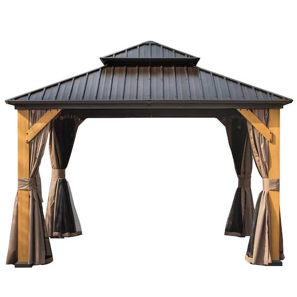 12 ft. x 12 ft. Brown Hardtop Gazebo, Outdoor Cedar Wood Frame Canopy,Galvanized Steel Double Roof, Curtains and Netting