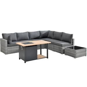 Sanibel Gray 8-Piece Wicker Outdoor Patio Conversation Sofa Seating Set with a Storage Fire Pit and Black Cushions