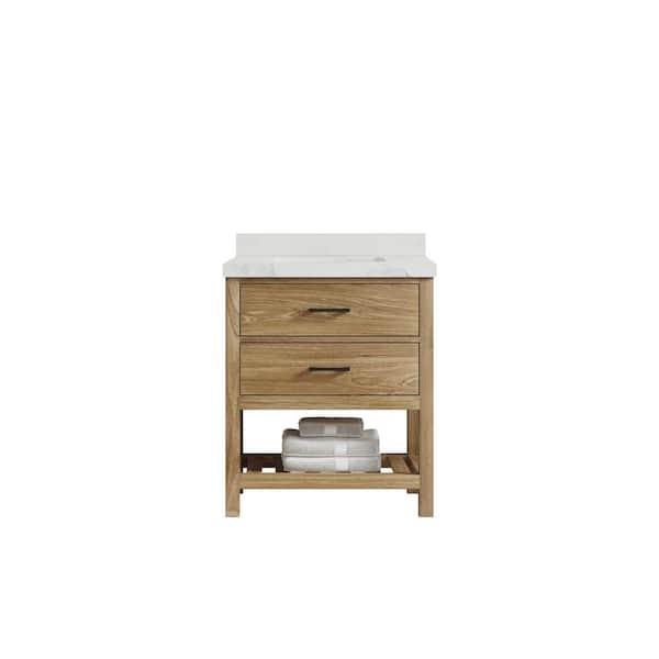 Willow Collections Parker Teak 30 in. W x 22 in. D x 36 in. H Single Sink Bath Vanity in Premium Polish with Calacatta Nuvo Quartz Top