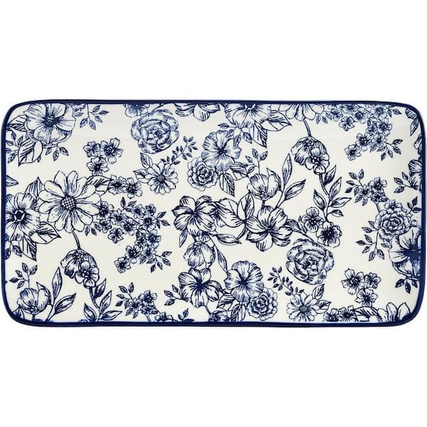 Unbranded 14.75 in. Blue and White Floral Rectangle Platter (Set of 1)