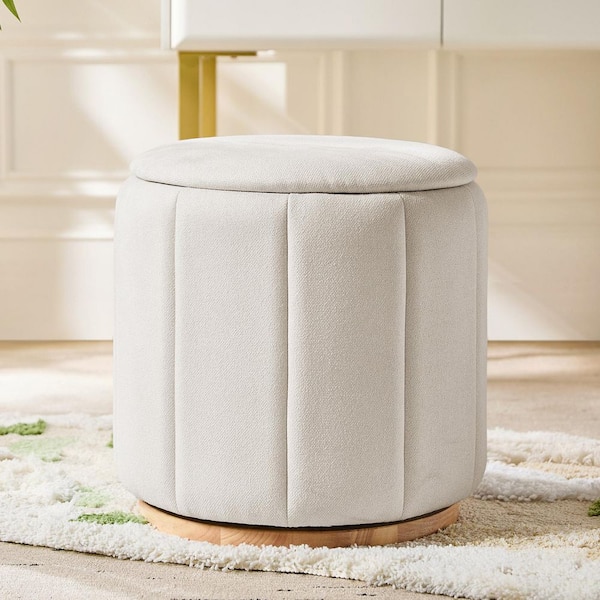 Susan White Polyester Round Ottoman with Swivel Base