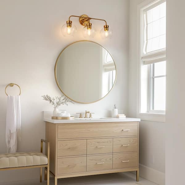 24 in. 3-Light Gold Mid-Century LED Globe Vanity Light Round Wall Fixture with Clear Round Glass Shades for Bathroom