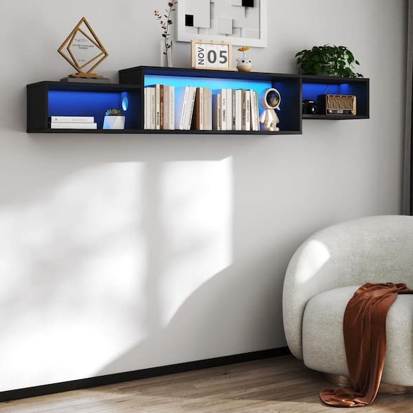 66 in. W x 10 in. D Black Decorative Wall Shelf Floating TV Stand with 20 Color LEDs and Charging Station Storage Shelf