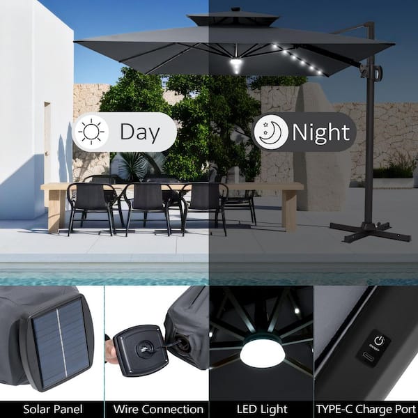 atleisure 9' solar double top patio umbrella with cover Pellebant Solar LED Double Top 9 ft. x 11 ft. Outdoor Cantilever 360° Rotation Tiltable Patio Umbrella in Gray with Base