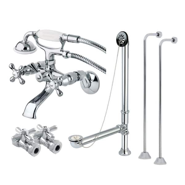 Vintage Adjustable 2-Handle Wall-Mount Claw Foot Tub Faucet with Handshower in Polished Chrome