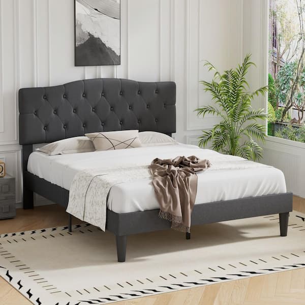 VECELO Upholstered Platform Bed with Button-Tufted Headboard Wood Slat Support Easy Assembly - Full Dark Gray 56.6 in. W