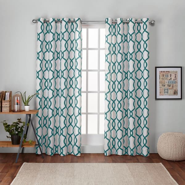 Kochi Teal Ogee Light Filtering Grommet Top Curtain, 54 in. W x 84 in. L (Set of 2)