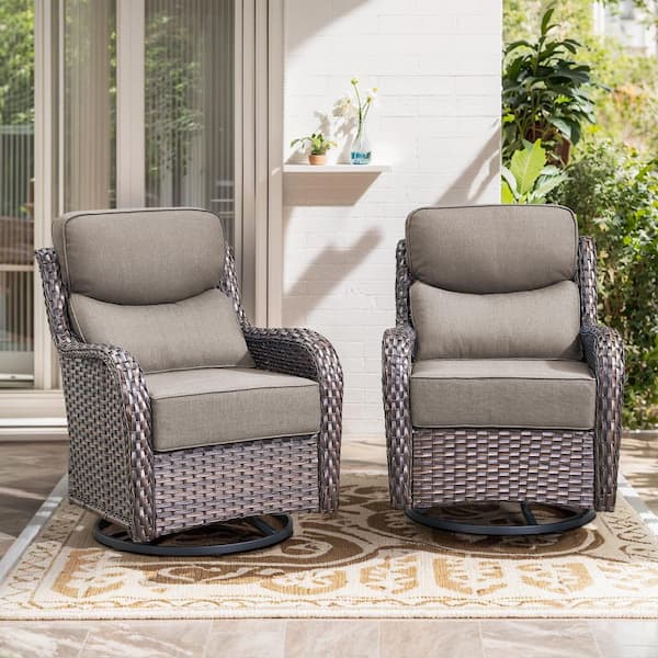 6in Thicken Brown Wicker Outdoor Swivel Rocking Lounge Chair with Cushion Guard Gray Cushions (Set 2-Pack)