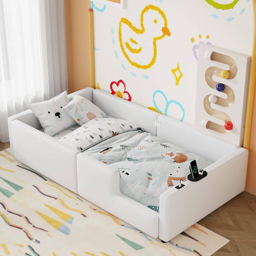 White Wood Frame Twin Size PU Leather Upholstered Platform Bed with Charging Station