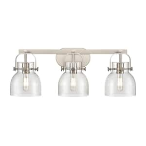 Pilaster II Bell 26.5 in. 3-Light Satin Nickel Vanity Light with Glass Shade