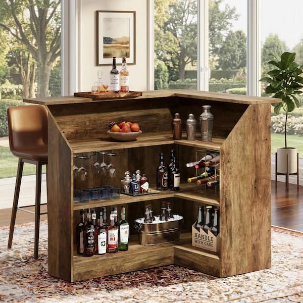 BYBLIGHT Kearsten 44.09 in. H Brown 4-Tier L-Shaped Home Bar Table