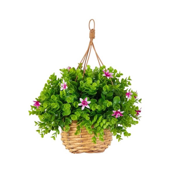 13 in. UV Resistant Green Artificial Lily and Eucalyptus Woven Hanging Basket (Indoor/Outdoor)