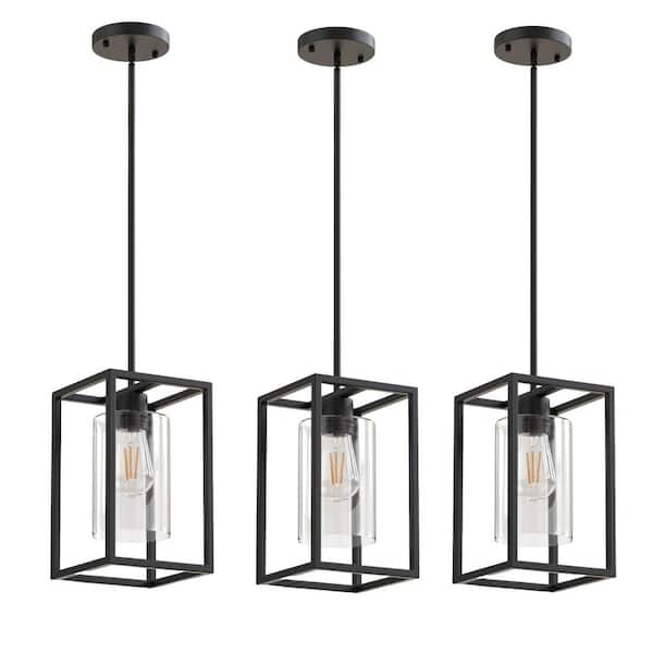 7 in. 1-Light Rectangle Black Pendant Light with Clear Glass Shade for Kitchen Island, E26 Bulbs Included (3-pack)