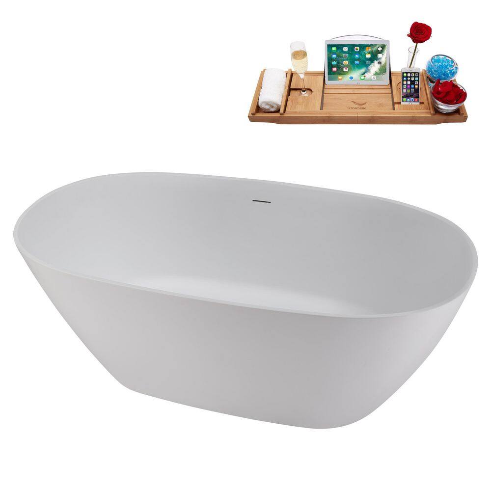 67" Matte White Stone Resin Freestanding Soaking Tub with Chrome Drain