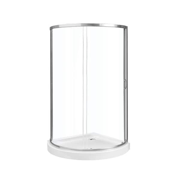 Breeze 34 in. L x 34 in. W x 76.97 in. H Corner Shower Kit with Clear Framed Sliding Door in Satin Nickel and Shower Pan