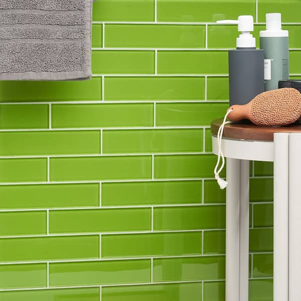 Contempo Apple Lime 2 in. x 8 in. x 8mm Polished Glass Floor and Wall Tile (36 pieces 4 sq.ft./Box)