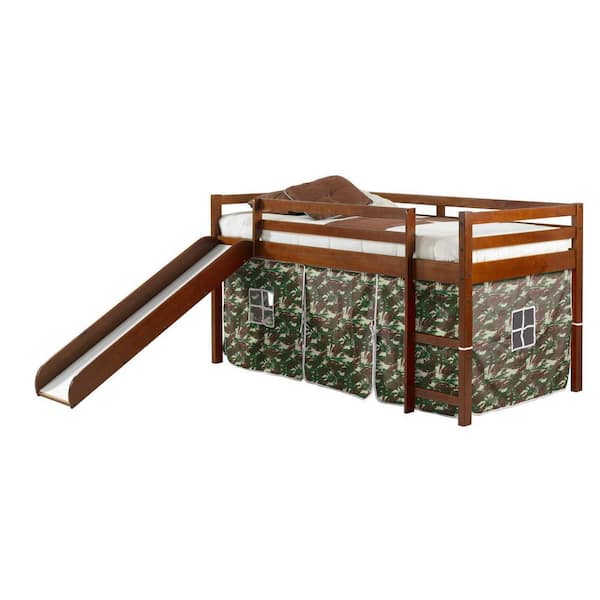 Donco Kids Brown Light Espresso Tent Loft Bed with Camo Tent Kit and Slide