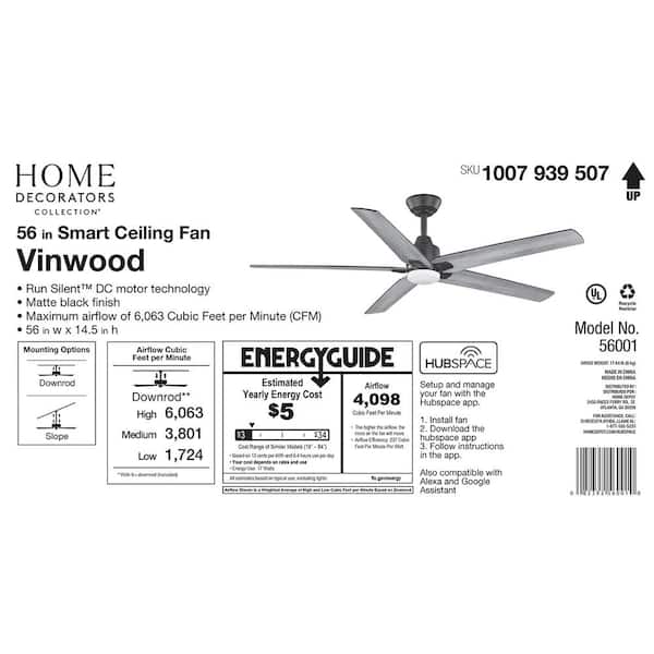Home Decorators Collection 56001 Vinwood 56 In Indoor White Color Changing Led Matte Black Smart Hube Ceiling Fan With Dc Motor And Remote Contro