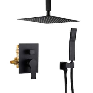 2-Spray Patterns with 1.8 GPM 12 in. Ceiling Mount Dual Shower Heads with Hand Shower in Matte Black