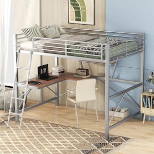 Silver Full Size Metal Loft Bed with Built in Desk, Ladder and Shelf