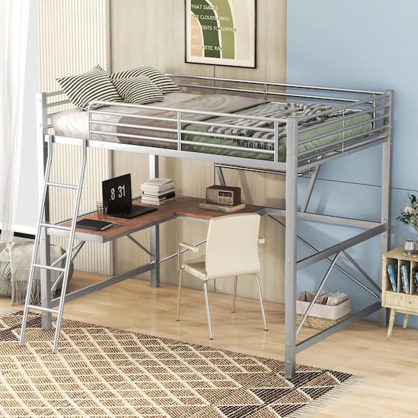 Harper & Bright Designs Silver Full Size Metal Loft Bed with Built in Desk, Ladder and Shelf