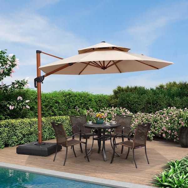 PURPLE LEAF 10 ft. Octagon High-Quality Wood Pattern Aluminum Cantilever Polyester Patio Umbrella with Base, Beige
