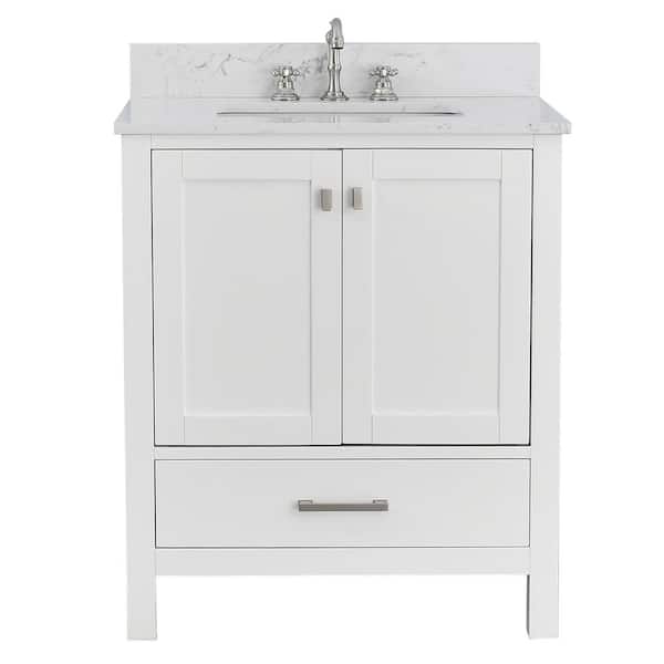 Enliven 30 in. W x 22 in. D x 39.24 in. H Freestanding Bath Vanity in White with White Engineered Stone Top