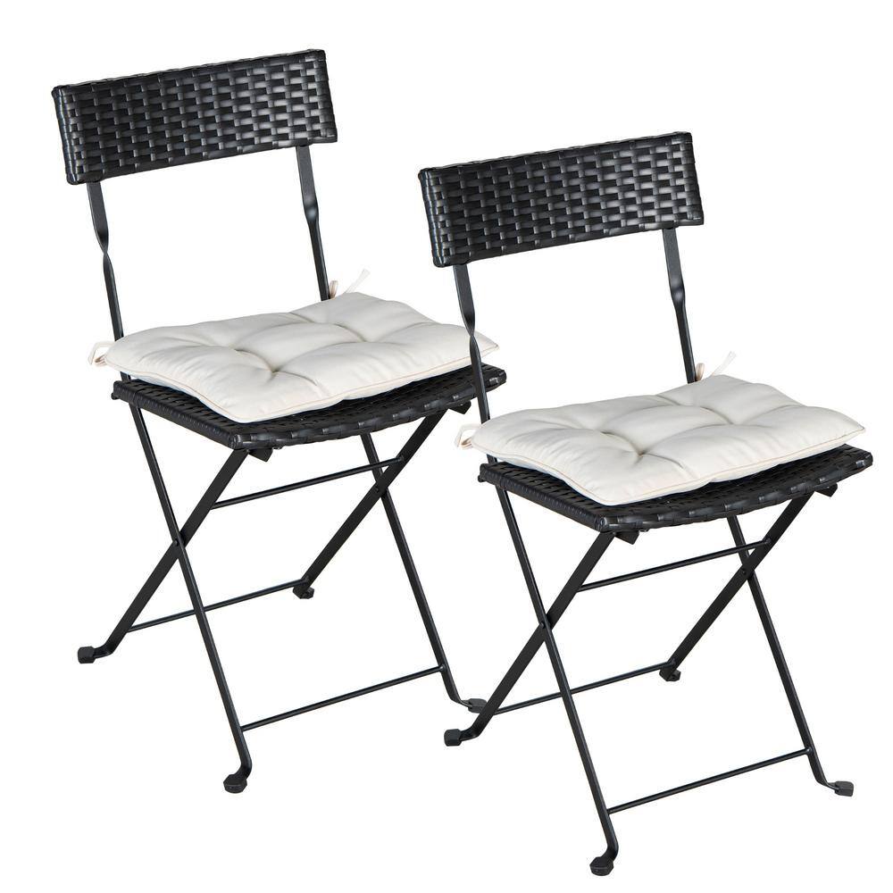Black Folding Wicker Outdoor Lounge Chair with Beige Cushion (2-Pieces)