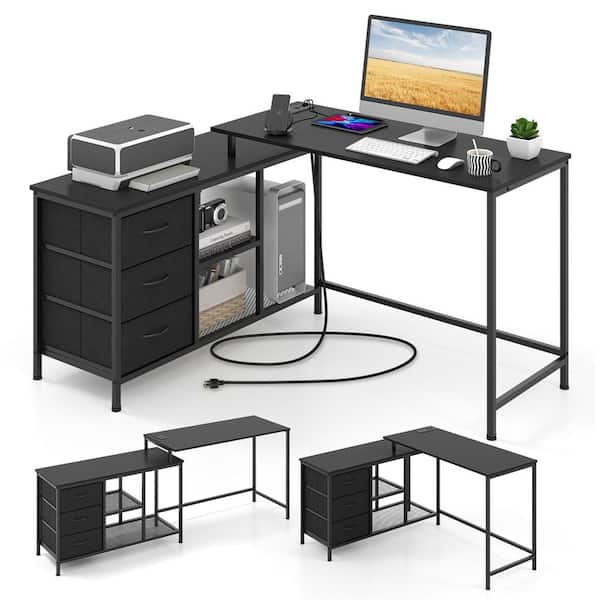 Costway 81 in. Rectangular Black Wood 3-Drawer Desk with Power Outlet